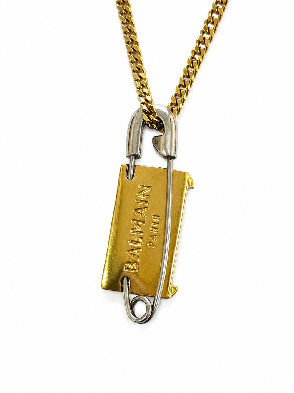 ❌❌sold❌❌Balmain Brass Safety Pin Necklace – Gold & Silver Tone / Full Set / NWT - Picture 3 of 5